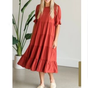 Orange Creek LA Mustard Yellow Smocked Sleeve Tiered Silhouette Midi Dress L